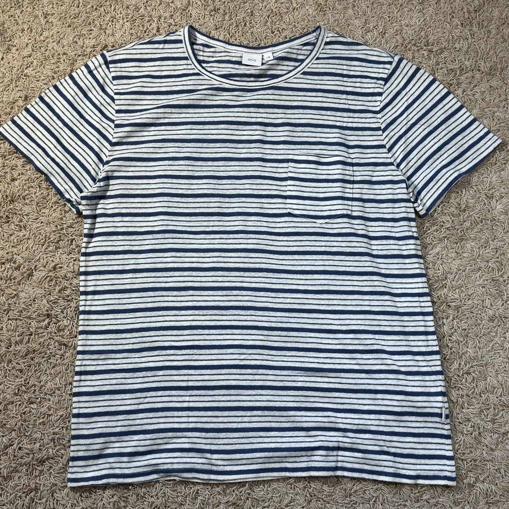 Onia Blue Striped Linen Blend Pocket T Shirt Mens Large L Summer Beach Crewneck